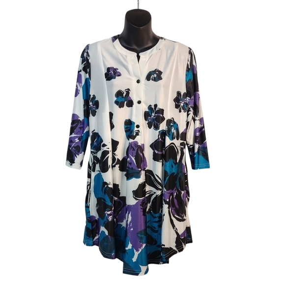 R&B Tops - R&B Women's Floral Print 3/4 Sleeves Top Tunic Dress Size L